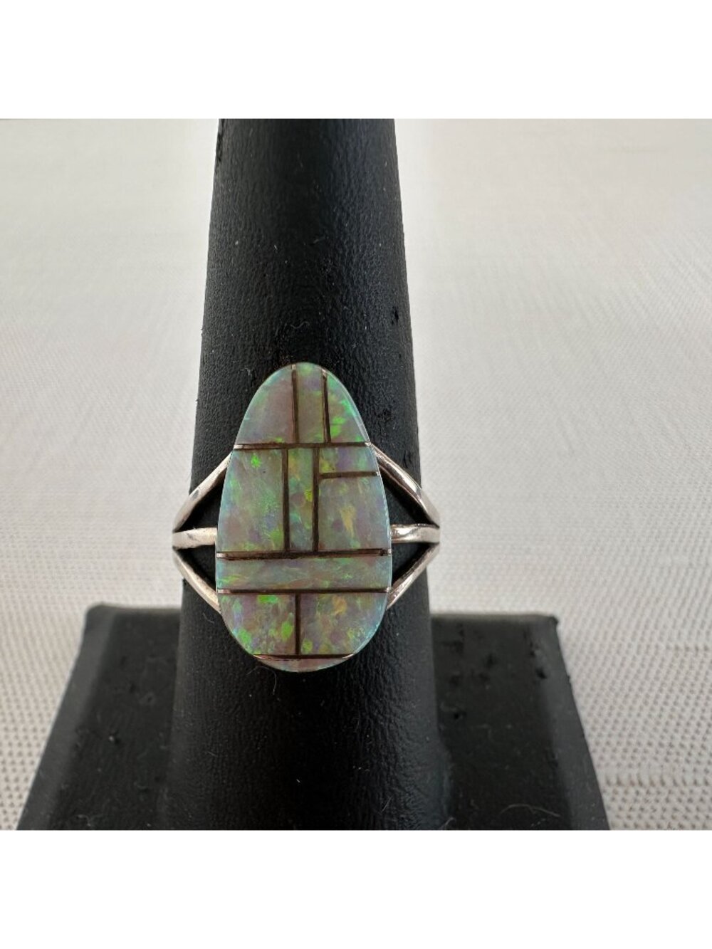 Sterling Silver Opal Mosaic Inlay Ring - Iridescent Green